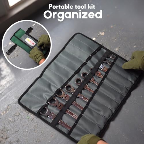 Roll Up Tool Bag, Heavy Duty Tool Roll Bag, Roll Up Bag with Portable Wrench Roll Pouches& Detachable Color Coded Tool Pockets, Fold-able Tool Bags, Tool Organizer Storage Bag