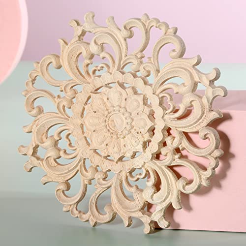 MUXSAM Wood Carved Appliques Decorative Onlays, Round Wood Carving Craft Decals for Door Wall Ceiling Cabinet Dresser Wardrobe Mantels Closet Doll Bed Retrofit Project(2-Pack, 10cm/3.9")