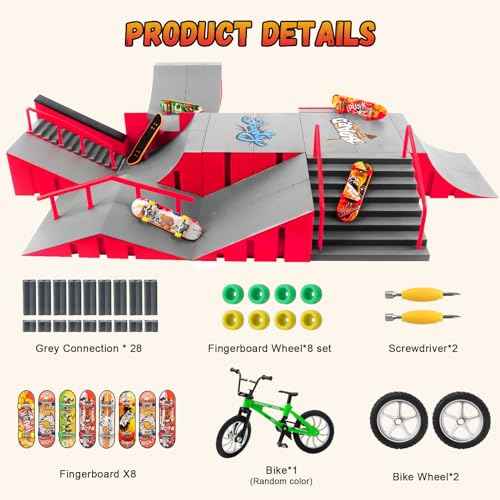 Finger Skateboard Park Kits,14-in-1 Bigger Finger Skateboard Ramp Set with 14 Ramps,8 Fingerboards,1 Finger Bike, Skate Park Kit,Fingerboard Skatepark Half Pipe Toys Gifts for Ages 3+