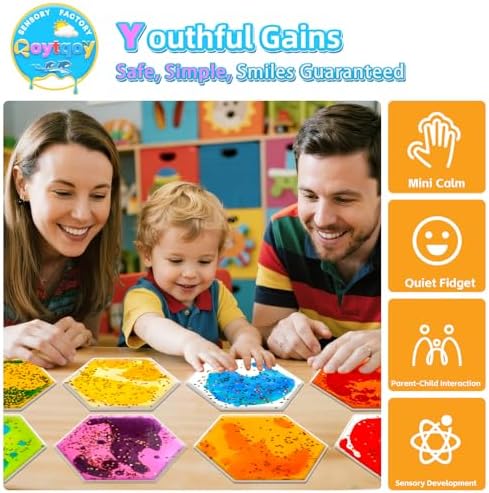 Squishy Liquid Sensory Gel Tiles 12 Packs - Hexagon Liquid Sensory Pads for Stress Relief & Fidget Fun, Washable Sensory Floor Tiles for Toddles 3+ Home, Classroom, Travel