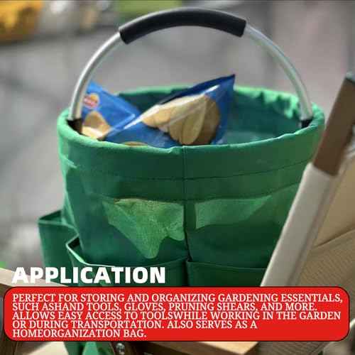 Garden Tool Organizer Tote Bag, Beige Oxford Waterproof Storage Carrier with Pockets, 11.4x10.6 Inch, 17L Capacity, Outdoor Gardening Plant Tool Holder for Men Women (Green)