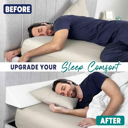 Bed Wedge Pillow for Headboard Gap Filler Full Size - High Density Memory Foam Headboard Pillow Wedge Prevents Items Falling - Triangle Mattress Spacer with Pockets