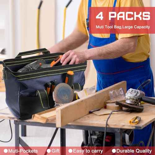 4 Pieces Tool Bag with Waterproof Strong Molded Base Multi Pockets Wide Mouth Tool Tote Multifunctional Tool Bag Large Capacity Organizer Heavy Duty Tool Storage Bag (Multicolor,16 Inch)