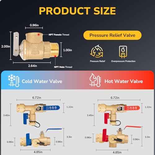 Tankless Water Heater Service Valve Kit, 3/4 Inch IPS Isolator Set with Pressure Relief Valve, Hot & Cold Shut-Off Valves, Lead-Free Premium Brass, Compatible with Rheem, Rinnai, Navien