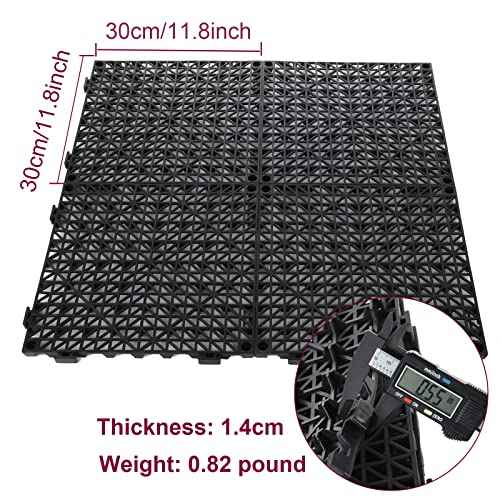 12 Pack 12" Interlocking Rubber Bathroom Flooring Tiles Non-Slip Pool Mat Splicing Shower Mat Outdoor Cushion Mat for Drain, Deck, Pool, Patio, Balcony, Shower, Kitchen, Yard (Black)