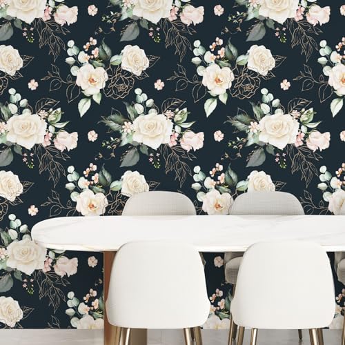 Floral Wallpaper Paper Peel and Stick Contact Paper Removable Black Gold Leaf Easy Peel Off Vinyl Wallpaper Self Adhesive for Bedroom Living Room 17.7 in x 6.6 ft