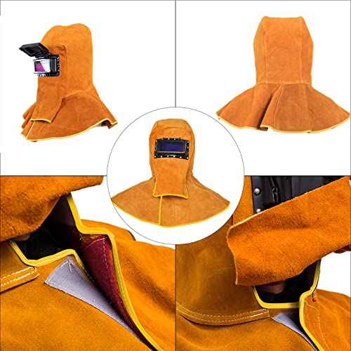 Cowhide Leather Welder Hood Welding Helmet Protective Gear Mask Work Cap with Neck Shoulder Drape,Solar Auto Darkening Filter Lens