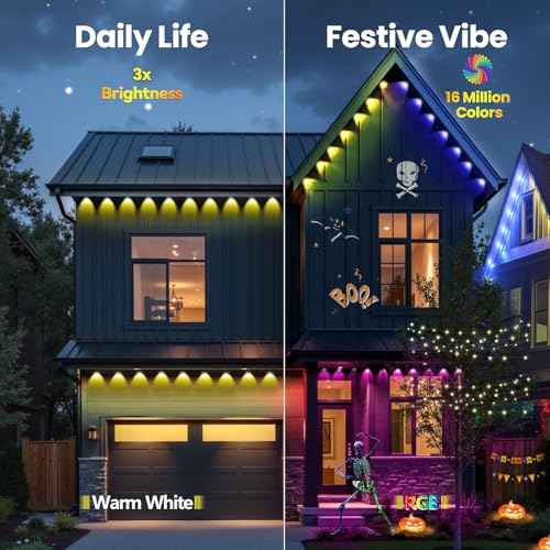 Permanent Outdoor Lights, 50ft RGB+IC Smart LED Lights Outside, IP67 Waterproof Smart Outdoor Decorations with App/Remote Control for Christmas, Halloween, Holiday, Daily, Party
