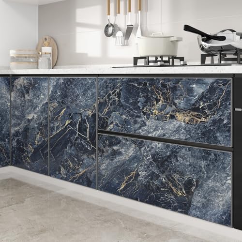 Marble Contact Paper for Countertops Glossy Navy Blue and Gold Marble Wallpaper Peel and Stick Removable Granite Wallpaper for Kitchen Backsplash Bathroom Wall Table Bedroom Terrazzo Ppaper
