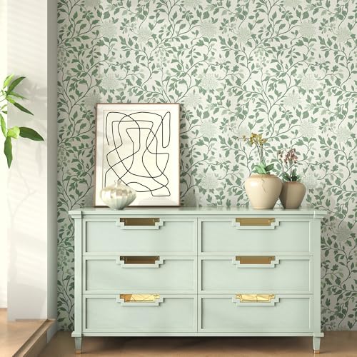 Leaf Peel and Stick Wallpaper Boho Contact Paper 17.3"x78.8" Green and Beige Floral Wallpaper Self Adhesive Removable Wall Paper Bathroom Decoration Wallpapers for Bedroom Vinyl Roll
