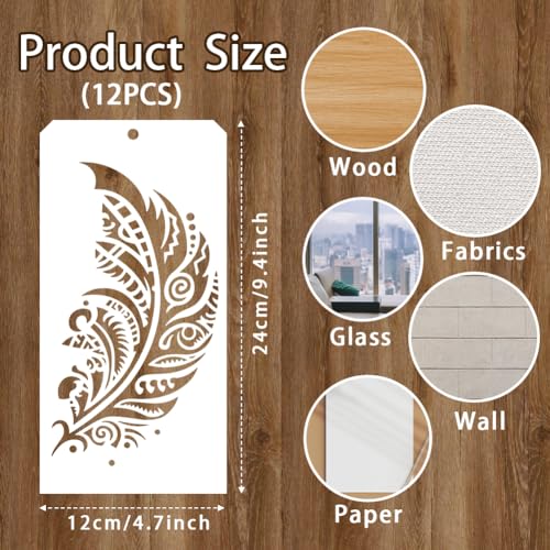 12 Pcs Painting Stencils, 12 Styles Feathers Pattern Stencil Templates Reusable Craft Templates for Painting on Wall Decor Fabric Wood Canvas