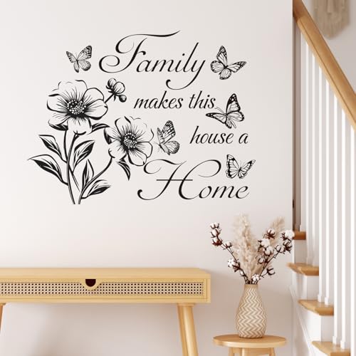 Family Makes This House a Home - Wall Quote Decals with Floral & Butterfly, Inspirational Quote Wall Stickers for Living Room, Bedroom, Glass Window, Removable Vinyl Decor