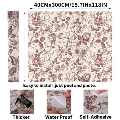 Peel and Stick Wallpaper Contact Paper for Cabinets Drawers Red Maroon Rose Butterfly Floral Vintage 15.7x118in Self Adhesive Wall Removable Desk Bedroom Moody Renter Friendly Modern Flower