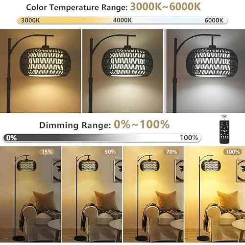 Arc Floor Lamp with 3 Color Temperatures,Black Floor Lamp with Remote Control, Boho Standing Lamp with Rattan Wicker Shades, Farmhouse Tall Pole Lamp for Living Room Bedroom