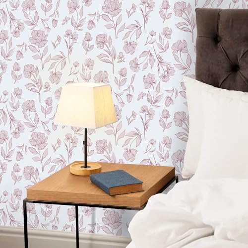 Timeet White and Pink Floral Wallpaper Peel and Stick Modern Removable Self-Adhesive Wall Paper for Bedroom Bathroom Vintage Contact Paper Vinyl Film 17In¡¿78.7In