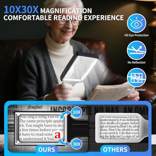Large 10X 30X Magnifying Glass with Light, Handheld Magnifying Glass for Reading, Stepless Dimmable LEDs Rectangle Magnifier for Reading Small Prints Seniors Low Vision