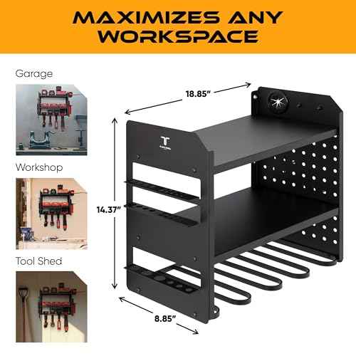 Power Tool Organizer - Wall Mount Storage for Garage Organizes 4 Cordless Drills & Tools - Heavy Duty Rack w Pegboard Sides Shelves & Hooks - Neatly Holds Screwdrivers & Drill Bits BLACK/BLACK
