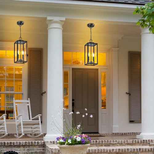 Large Outdoor Pendant Light 2-Light, 15'' Dusk to Dawn Modern Black Metal Outside Chandelier Exterior Hanging Fixture Ceiling Mount with Clear Glass for Front Porch Entrance Foyer Entryway, 1 Pack