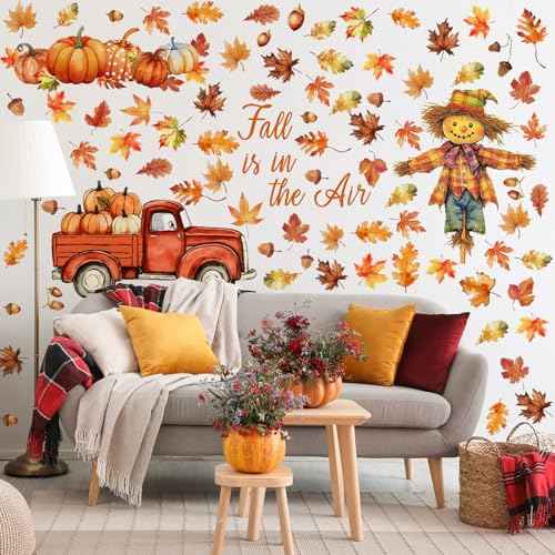 125 Pcs / 6 Sheet Thanksgiving Wall Decals Watercolor Truck Pumpkin Maple Leaves Scarecrow Wall Decals for Fall Thanksgiving Day Home Autumn Harvest Party Living School Office Party