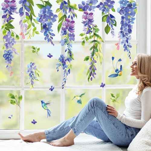 Wondever Spring Blue Purple Flower Hummingbird Hanging Vine Floral Leaf Glass Sticker Decal Anti Collision Double-Side Static Window Decals