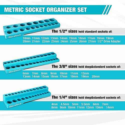 DURATECH Magnetic Socket Organizer Set, 1/4", 3/8", 1/2" Drive Metric Socket Holders Socket Trays for Tool Box and Tool Cart, Hold 74 Pieces Standard Size Deep Size Sockets (Sockets Not Included)