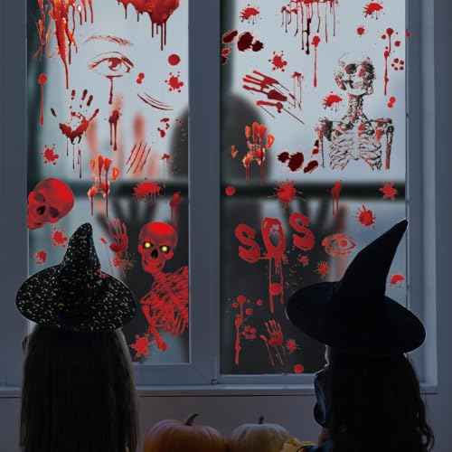 Halloween Wall Decals Bloody Handprint Footprint Wall Stickers Scary Halloween Decorations Spooky Window Stickers Removable Vinyl Wall Art Decal for Bathroom Living Room