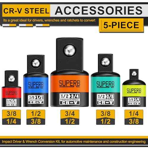 5-Piece Impact Socket Adapter Set, 1/4", 3/8", 1/2" Socket Converter&Reducer, Cr-V Steel, Impact Driver & Wrench Conversion Kit, for Automotive Maintenance and Construction Engineering