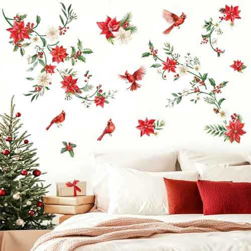 decalmile Christmas Flowers Vine Window Wall Decals Christmas Floral Red Cardinal Bird Wall Stickers Living Room Party Home Door Window Showcase Wall Decorations