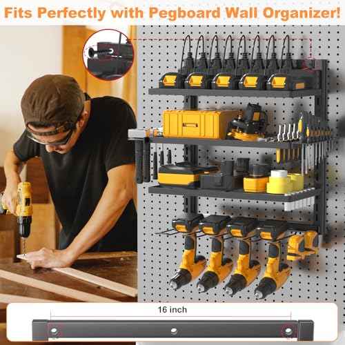 Power Tool Organizer Wall Mount with Charging Station, 4 Drill Holder Cordless Tool Organizer, 4 Layer Storage Rack Heavy Duty Metal Garage Organization with 8 Outlet Power Strip for Fathers Men Gift