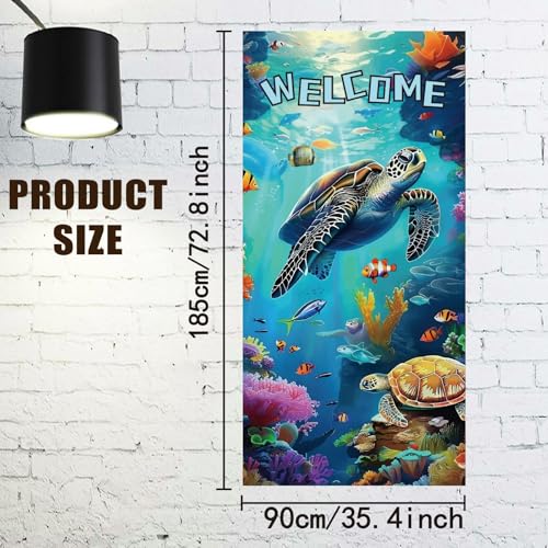 arricraft 1 Pc Welcome Theme Turtle Door Cover, Summer Beach Door Banner Nautical Porch Banner Ocean Animal Party Decorations Polyester Sign for Party Supplies 35.4x72.8 inch(90x185cm)