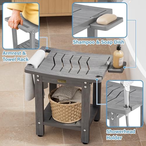 YEFU Shower Chair for Inside Shower: Slip-Resistant Waterproof No Maintenance 500 LBS Weight Capacity - Shower Bench/Stool with Shelf & Handle for Bathroom/Outdoor - Easy to Assemble for Adult/Gray