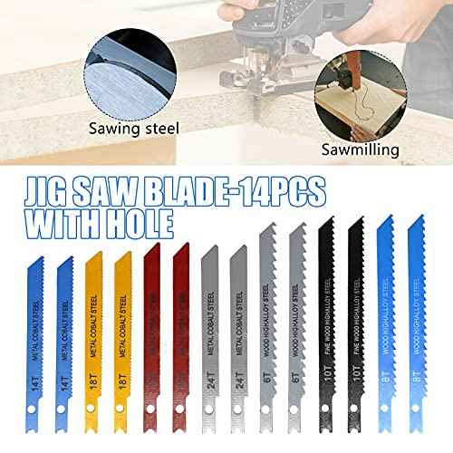 14PCS U-Shank Jigsaw Blades Jig Assortment for Wood Metal Plastic PVC Cutting Jig Saw Blade Set 6T, 8T, 10T, 14T, 18T, 24T, 32T