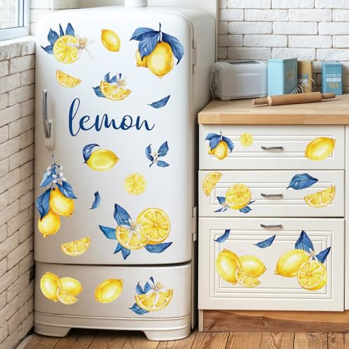 Whaline 12 Sheets Capri Lemon Wall Stickers Blue Yellow Fruit Wall Decals Watercolor Room Mural Stickers for Summer Party Home Nursery, 7.9 x 11.8 Inch