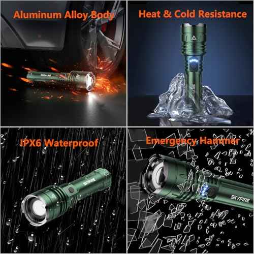 SKYFIRE LED Flashlights High Lumens with Ignition Lens, Rechargeable Zoomable Flash Light, 5 Modes Waterproof IPX6 Handheld Powerful Tactical Flashlight for Emergency Camping Essentials Home