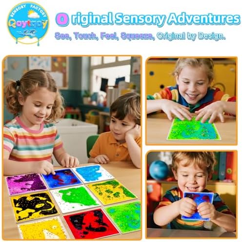 Squishy Liquid Sensory Gel Tiles 9 Packs - Square Sensory Fidget Toys for Stress Relief, Sensory Play & Portable Fun, Washable Sensory Floor Tiles for Kids in Home, Classroom, Travel