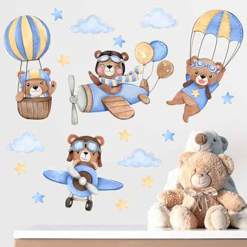 Yovkky Airplane Hot Balloon Bear Wall Decals Stickers, Blue Flying Animal Aircraft Neutral Toddlers Nursery Decor, Cloud Stars Home Decorations Kids Baby Bedroom Playroom Classroom Art