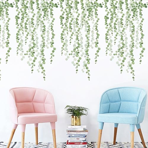 Hanging Vine Wall Decals, Green Leaves Design, 39.2x22 Inch, 2-Piece Set for Living Room and Bedroom