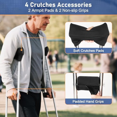 Ytonet 5 PCS Crutch Pads, Bag & Hand Grips, Includes 2 Armpit Pads & 2 Non-Slip Grips, Water-Resistant Lightweight Accessories Storage Pouch with Reflective Strips for Standard Crutches (Black Blue)