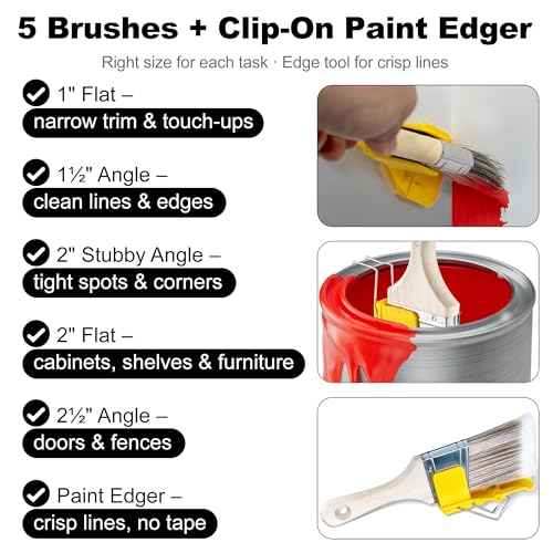 Paint Brush Set, 5-Piece Flat & Angled for Latex & Oil ? 1¡È Flat, 1¨ö¡È Angle, 2¡È Stubby Angle, 2¡È Flat, 2¨ö¡È Angle ? with Clip-On Paint Edger for Crisp Lines ? Walls, Trim, Cabinets, Doors, Fences