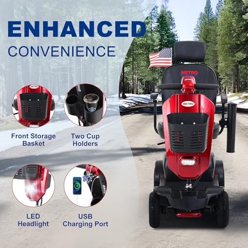 Metro Mobility Powered Mobility Scooters, 4 Wheel Mobility Scooters for Adults, 300 lbs Capacity Folding Mobility Scooter Lightweight, 16 Miles Long Travel Range Scooter with USB Charger Port Red