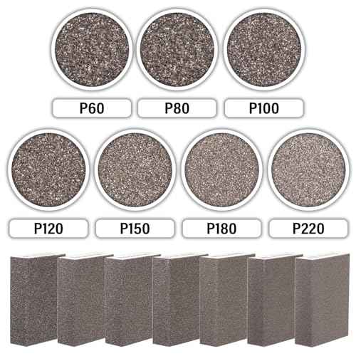 Sanding Sponge 60 80 100 120 150 180 220 Grit Reusable and Washable Wet Dry Sand Block Coarse Medium Fine Sandpaper Blocks for Wood Drywall Metal Crafts (Pack of 7 Pcs)