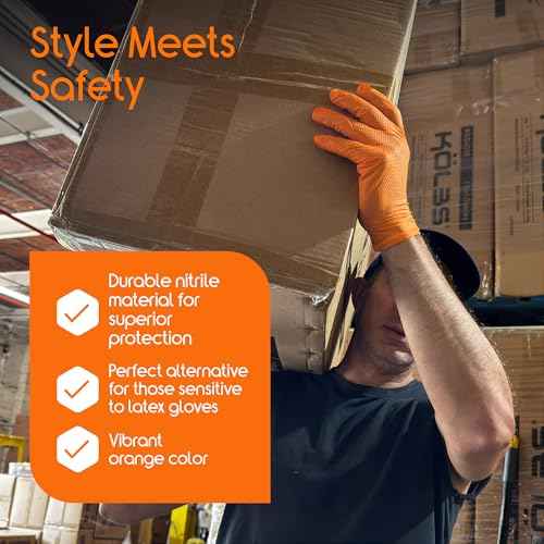 Inspire Heavy Duty Orange Nitrile Disposable Gloves | ULTRA 8 Mil Diamond Textured Grip | Industrial Mechanic Food