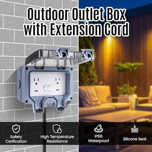 Outdoor Power Outlet 15A 110V with 10/20/33ft Extension Cord IP66 Waterproof, IK08 & UL1363-2018 Certified Outdoor Outlet Extender for Garden Garage Patio (33FT)