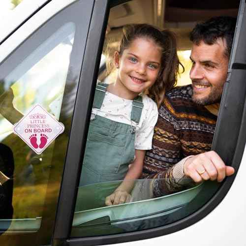 Amabro Little Princess on Board Warning Signs, 2pcs 5" x 5" Safety Car Bumper Sticker With Double Suction Cups, Reusable Baby in Car Decal, Pink