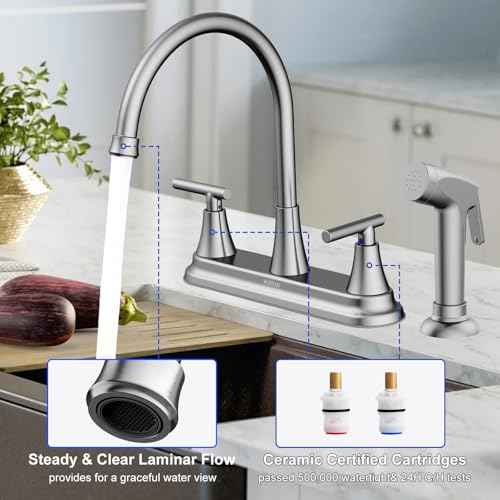HURRAN 2-Handle Kitchen Faucet with Pull-Out Side Sprayer, 8 Inch High Arch Stainless Steel 360¡ÆRotating Kitchen Sink Faucet, 4 Hole Faucet for Kitchen Bar Rv Camper, Nickel
