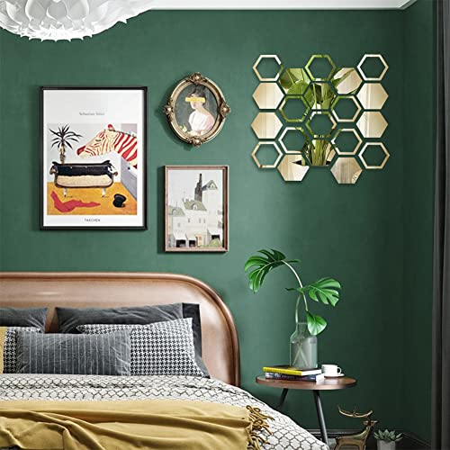 OLYCRAFT 24Pcs Hexagon Mirror Wall Stickers Removable Self-Adhesive Mirror Tile Acrylic Wall Decals Acrylic Mirrors Tiles Gold Decal for DIY Craft Home Decorations - 4x3.4 Inch