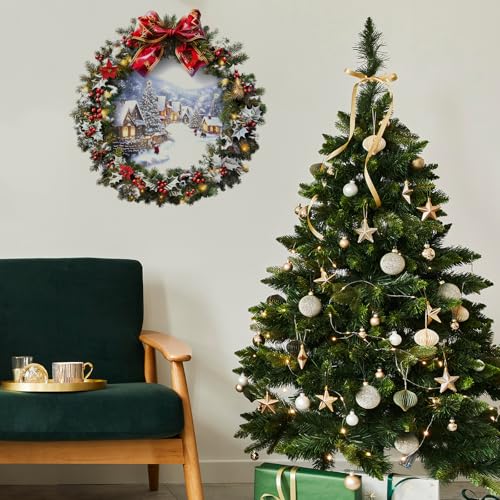 Christmas Wreath Wall Decals with Ribbon Peel and Stick Christmas Mural Art Stickers for Christmas Party Home Kitchen Decor (A)