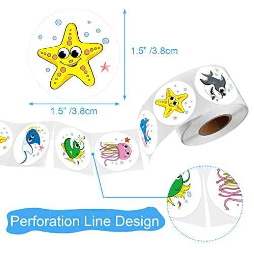 Zonon 800 Pcs Round Sea Animal Stickers, 15 Vibrant Designs Ocean Animal Stickers Roll 1.5 Inch Cartoon Sea Life Labels Adorable Decoration for Kids Ocean Party Favors Motivational Teacher Prize