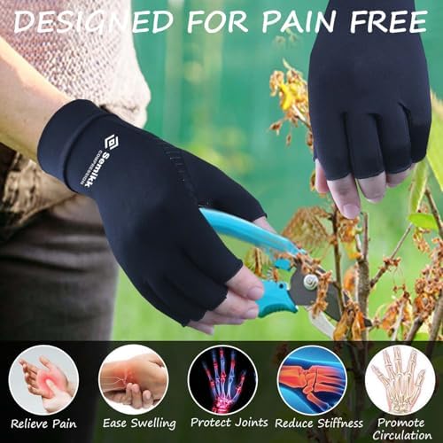 2 Pairs Compression Gloves for Women and Men, Fingerless Copper Arthritis Gloves for Rheumatoid Arthritis Osteoarthritis Carpal Tunnel, Hand Pain Relief and Support, Open Finger (Black, Large)