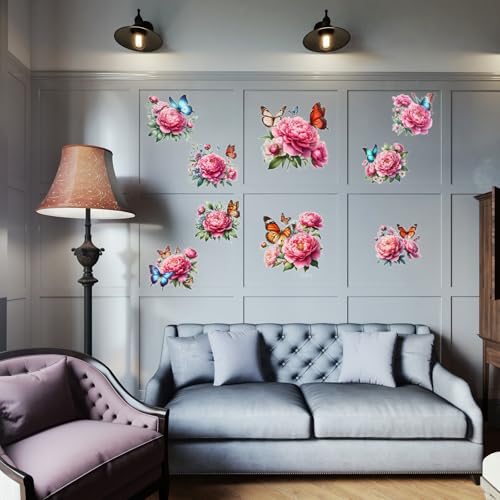 Cute Pink Peony Floral Butterfly Wall Stickers Decor Wall Decals Peel and Stick Flowers DIY Removable Funky Home Wall Art Decorations for Living Room Kitchen Bedroom Office